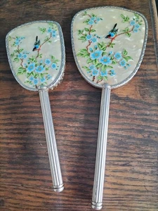 Vintage Hand Kosmetikspiegel und Haarbürste Set Blumen & Vogel Design - Bild 1 von 6