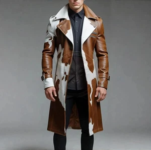 NUEVO Gabardina de cuero de vaca para hombre larga chaqueta de plumero de vaquero occidental - Imagen 1 de 3