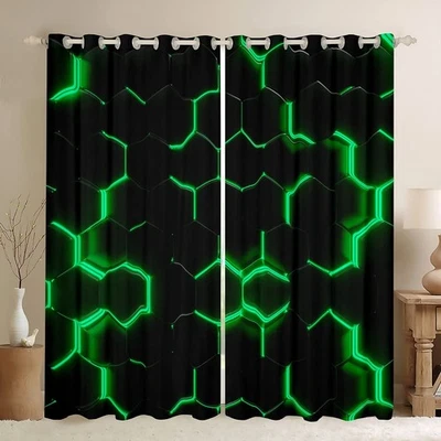 Honeycomb Window Curtains,Geometric Hexagon Theme with Green Neon Lights Curt... - Image 1 of 4