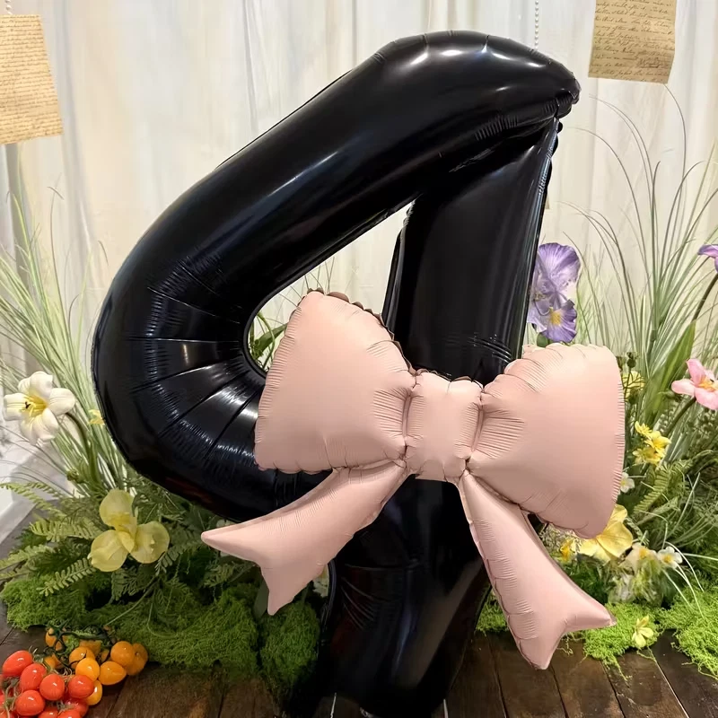 2pcs Large Black Number-Shaped Foil Balloons with Matte Bow - Number #4 - Image 1 of 1