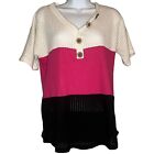 Boutique Womens Color Block Pink/White/Black V-Neck Waffle Knit Tee Medium