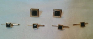 Pair of Pierre Cardin Square Gold Tone and Onyx Cufflinks w/ 4 Matching Tie Pins - Picture 1 of 5