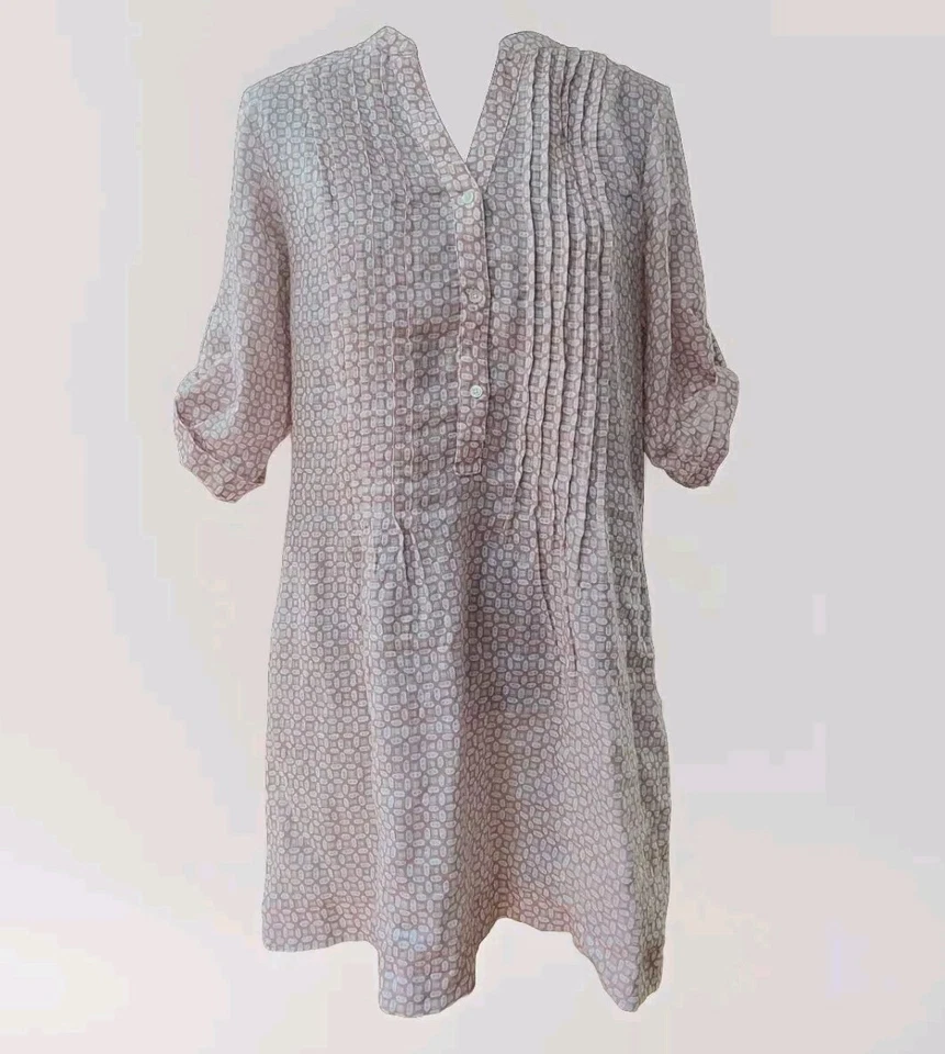 J McLaughlin Linen Dress Roll Tab Sleeve Sz S Pintuck V Neck Beige Print   - Image 1 of 4