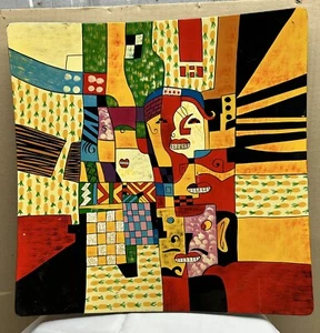 Abstract Art Wood Tray Platter Inlay Tiles Teeth Hand Painted African Acrylic - Photo 1/18