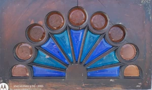 Antique Stained Glass Gothic Heavy Art Glass Jewel Window Chipped Ice 34" - Picture 1 of 24