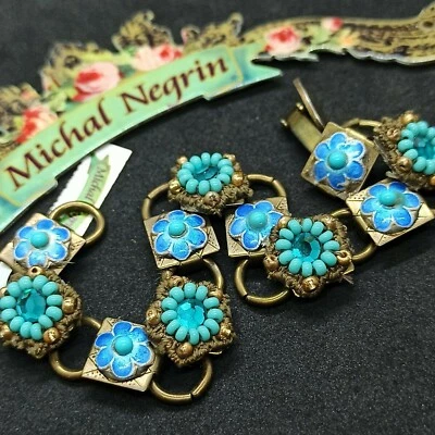 Michal Negrin Rare Enamel Bracelet Flowers Beads and Turquoise Crystals Gift New - Image 1 of 4
