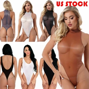 Womens Ice Silk Bodysuit One Piece Jumpsuit Thong Transparent Leotard Nightwear - Picture 1 of 52