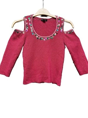 BETSEY JOHNSON 粉红色复古闪光露肩上衣,带花卉细节,尺寸 L — 第 1/4 张图片