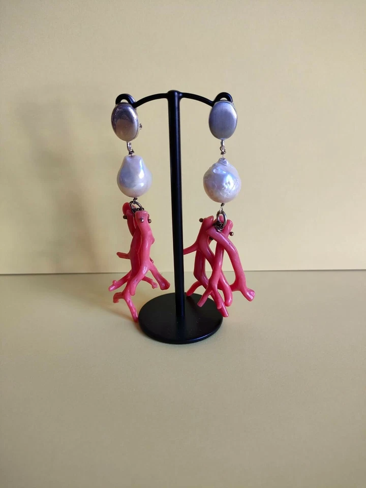 Argento 925, Artigianale orecchini da donna perla e corallo. - Immagine 1 di 1