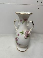 Vintage Towle Fine Bone China Bud Vase Handled White 3D Pink Flowers Gold Rim 5"