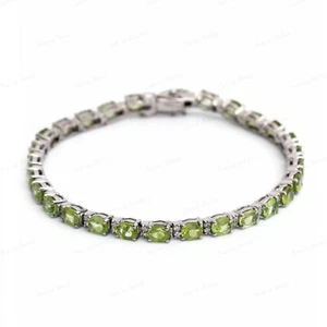 Natural Peridot Gemstone 5x4 MM Oval Cut 925 Sterling Silver Tennis Bracelet - Picture 1 of 5