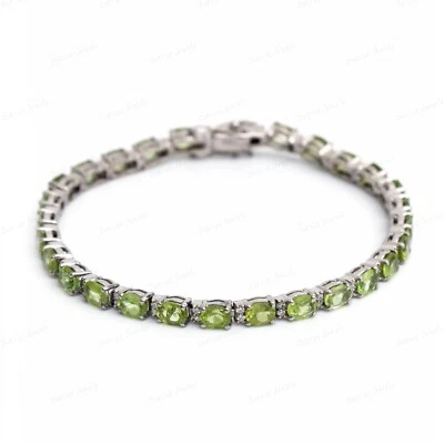 Natural Peridot Gemstone 5x4 MM Oval Cut 925 Sterling Silver Tennis Bracelet - Image 1 of 4