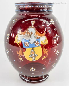 Antique Austrian German Bohemian Ruby Glass Moser Style Vase Paper Label - Picture 1 of 11