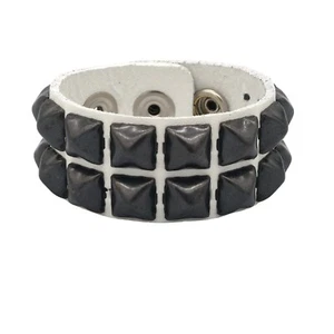 Genuine Leather Black Studded White Pyramid Stud Bracelet Punk Goth Wrist Cuff - Picture 1 of 2