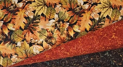 ELIZABETH'S STUDIO Autumn Leaves Scroll Fabric Fall STUDIO E Quilters Cotton BY THE YARD BTY