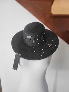 NWT Karl Lagerfeld Paris Women Icons/ Rhinestone Black Wide Sun Hat,OS,Ret.$98.0 - Picture 1 of 5