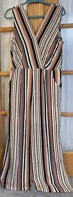 Mono Monteau a Rayas Para Mujer XL Ranuras Altas Bolsillos Beige Crepé Moderno Boho Foto 1 de 4