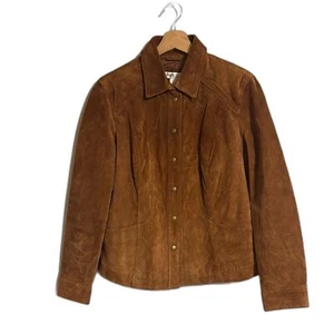 Coldwater creek brown suede leather Brass snap jacket snap sleeves Sz Medium - Picture 1 of 10