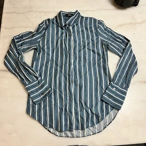 Azul Blanco Seda Rayas Cuello Ajustado Abotonado Teoría Mujer’s Talla P Usado en Excelente Condición Darby - Imagen 1 de 8