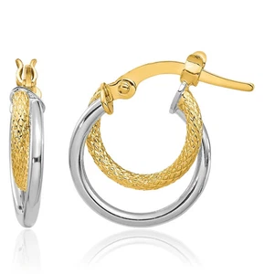 14K Solid Two Tone Gold Round Small Hoop Earrings - Picture 1 of 11