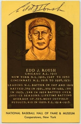 Edd J Roush Signed Twice (x2) Autographed HOF Plaque Postcard Post Card PSA/DNA - Image 1 of 3