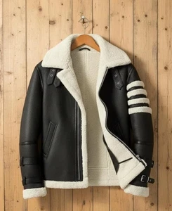 Lammfell Lammfell Bomberjacke Herren schwarz Leder Fliegermantel - Bild 1 von 5