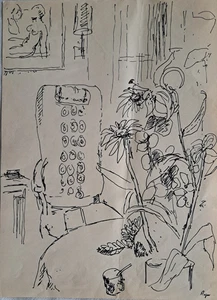 Roger signiert Stilleben Interieur Tuschezeichnung Malerei Gemälde 1977 - Bild 1 von 3