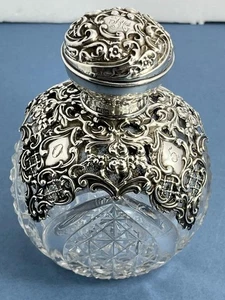 GROSSER ANTIKER EDWARDIANISCHER PARFÜM-/DUFTFLAKON AUS MASSIVEM SILBER GESCHLIFFENEM GLAS - Bild 1 von 21