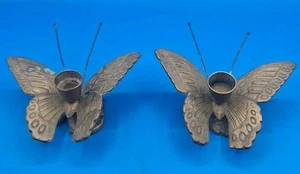 VTG Pair Of Retro MCM Brass Butterfly Candlestick Holder W/ Floral Base 5.5x5.5 - Picture 1 of 18