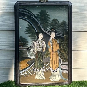 Large Vintage Chinese Reverse Painting on Glass Frame Court Ladies In Garden - Picture 1 of 7