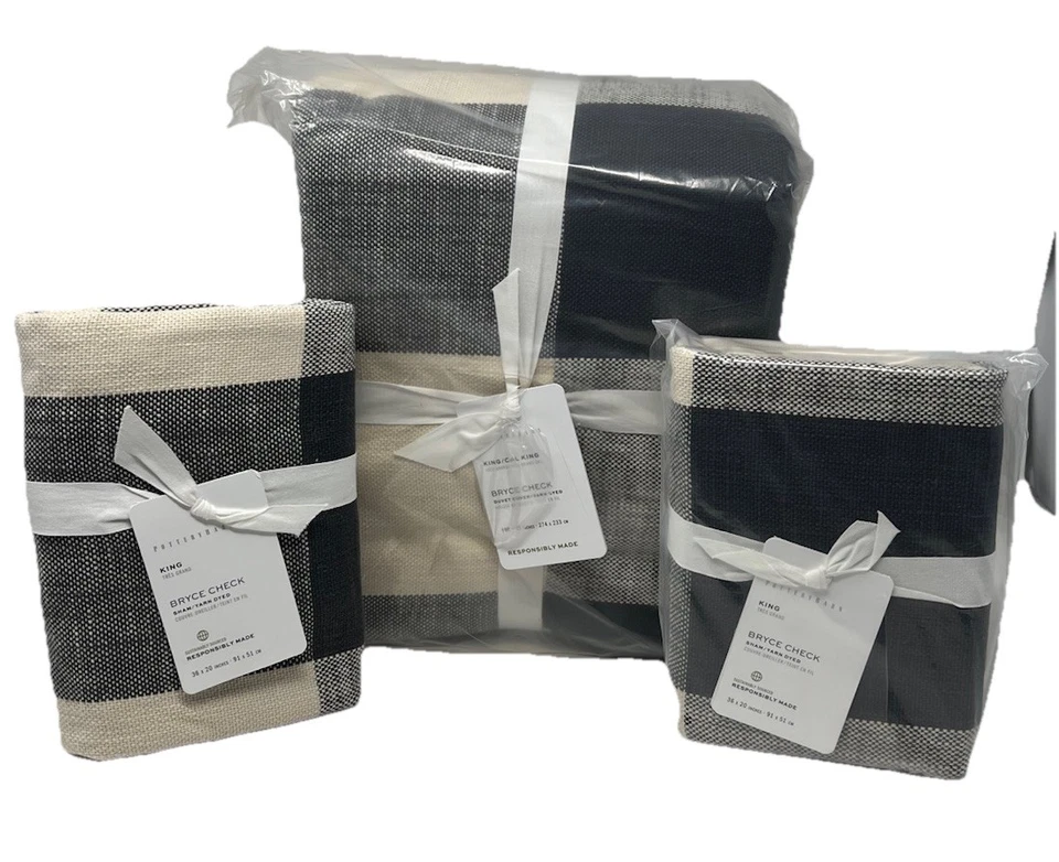 Pottery Barn Bryce Buffalo Check Cotton King Duvet + 2 King Shams Charcoal_NWT_J - Image 1 of 4