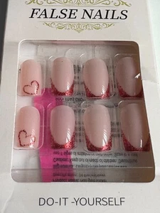 NAIL DECOR BOX OF 24 FALSE NAILS RED GLITTER HEART FRENCH TIPS - Picture 1 of 1