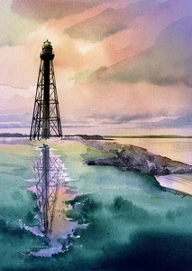 Faro Marblehead, Massachusetts. Puesta de sol North Shore. Impresiones artísticas en acuarela - Imagen 1 de 2