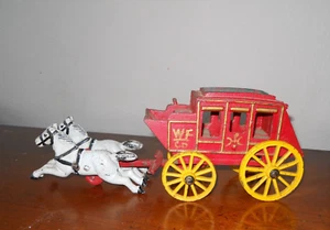 Vtg Wells Fargo Type Iron Red Stagecoach with 2 White horses Horses 2 Pieces - Picture 1 of 7