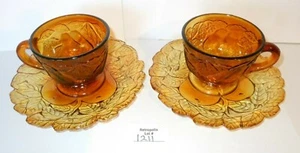 2 Indiana Tiara Glass Burnt Honey SWEET PEAR Avocado CUPS & SAUCERS - Picture 1 of 10