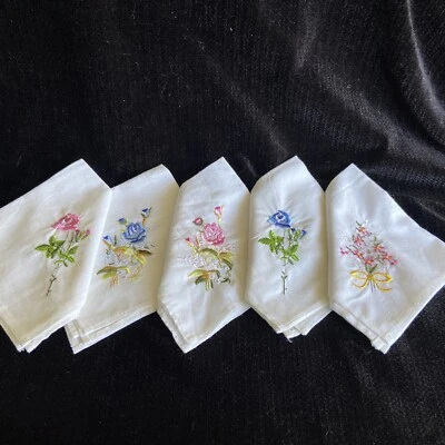 Lot of 5 New Vintage Cotton  Embroidered Blue & Pink Floral Hankies 10” X 10” - Image 1 of 4