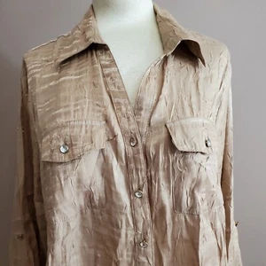 Elementz Blouse 1X Beige Shirt Rhinestone Buttons Long Sleeve Metalic Threads - Picture 1 of 13
