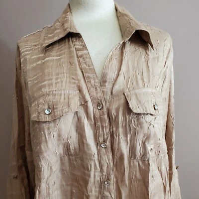 Elementz Blouse 1X Beige Shirt Rhinestone Buttons Long Sleeve Metalic Threads - Image 1 of 4