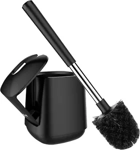 Toilet Brush and Holder Set with Self Closing Lid, Extra Long Handle, Black - Picture 1 of 7