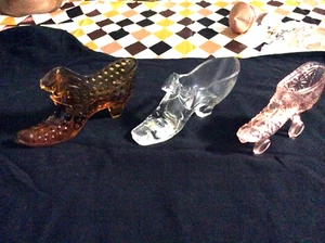 3 FENTON GLASS SHOES + SKATE  Gillander & Sons HOBNAIL CUT CRYSTAL - Picture 1 of 11