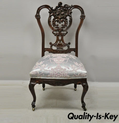 Antique Victorian Floral Scrollwork Carved Mahogany Parlor Accent Slipper Chair Cover