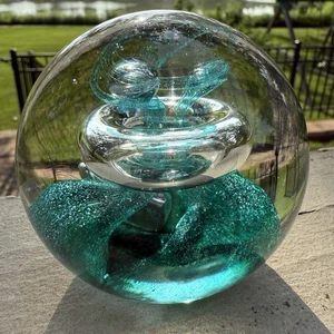 Fermacarte vintage in vetro artistico soffiato a mano acqua teal nastro vortice bolle sfera - Foto 1 di 9