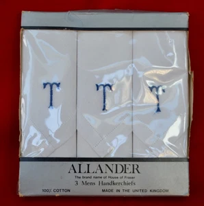 VINTAGE: ALLANDER FÜR HOUSE OF FRASER - 100 % BAUMWOLLE HERREN TASCHENTÜCHER 3ER SET "T" - Bild 1 von 4