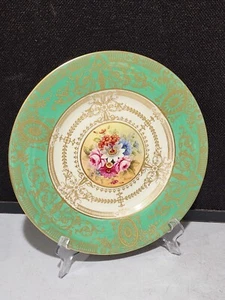 Royal Worcester Hand Painted Floral SIGNED Gold Encrusted Green Cabinet Plate - Picture 1 of 9