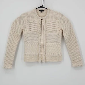 Cream Wool Knitted Zip Up Sweater Fringe Metallic Quiet Luxury  Boho Cozy XS - Picture 1 of 13