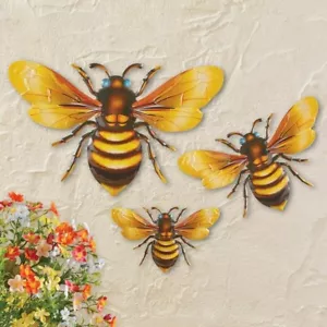 Set of 3 Honey Bee Indoor & Outdoor Metal Fence/Wall Art Sculptures - Picture 1 of 1