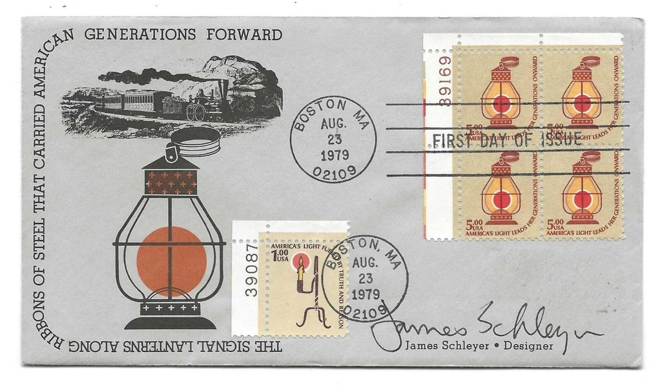 US 1979 FIVE DOLLAR SIGNAL LANTERN PLATE # BLOCK FDC SIGNED BY THE DESIGNER - Image 1 of 2