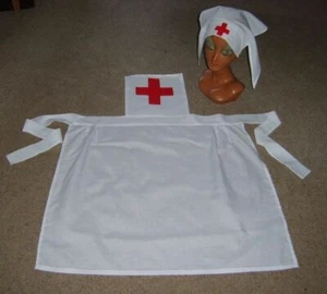 LADIES 1930S 1940S WW1 WW2 RED CROSS NURSE SET APRON & HAT FANCY DRESS COSTUME - Picture 1 of 8