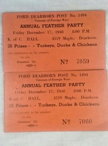 2 VETERANS OF FOREIGN WAR DEARBORN POST 1494 ANNUAL1948 RAFFLE TICKET STUBS - Picture 1 of 4