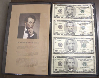 2001 $5 Five Uncut Sheet of 4 B2 New York Federal Reserve Notes Folder Lot 3974 - Image 1 of 4